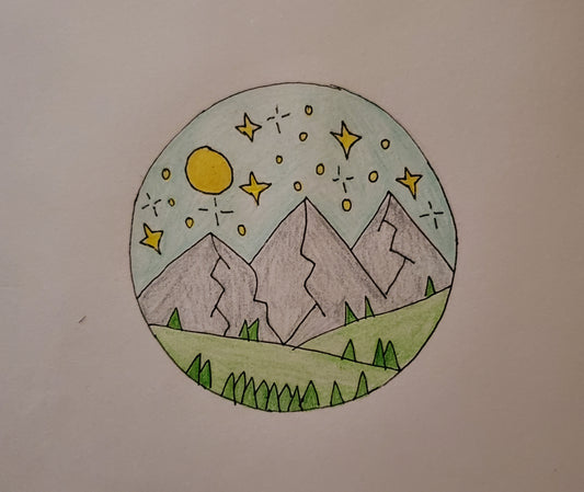 Mountains, trees, stars and the sun