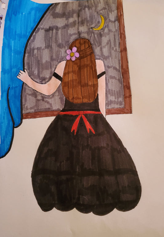 Girl in a dress looking out the window