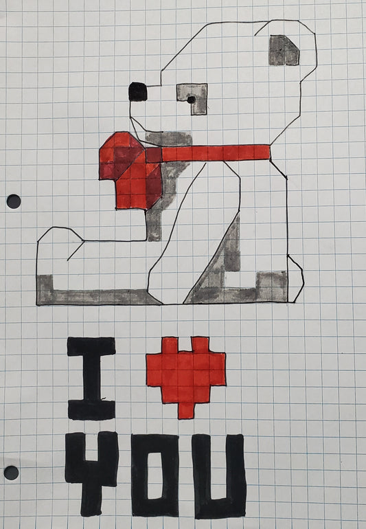 Graph paper art of a bear and it says I ❤️ you