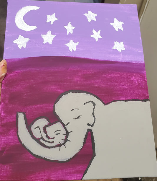 Painting of a momma elephant holding a baby elephant