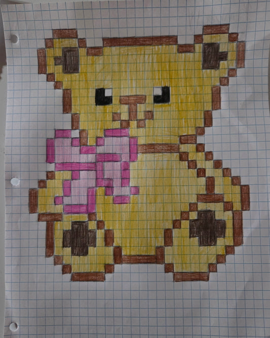 Graph paper drawing of a teddy bear