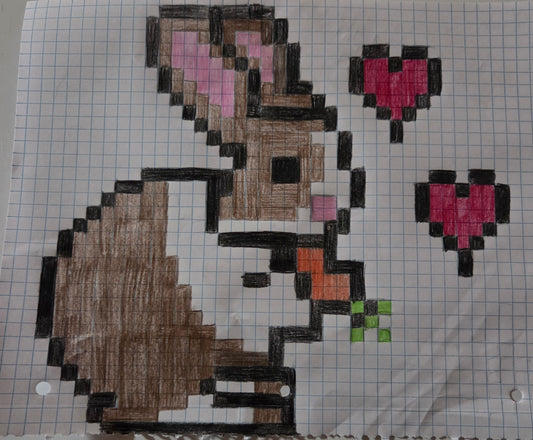 Graph paper drawing of a bunny eating a carrot